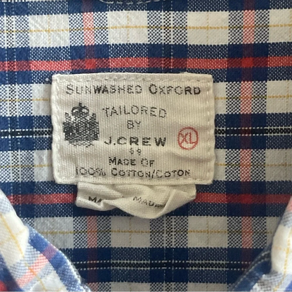 J.Crew Sunwashed Oxford Shirt Mens XL Tailored Blue Red Plaid Button Down Cotton